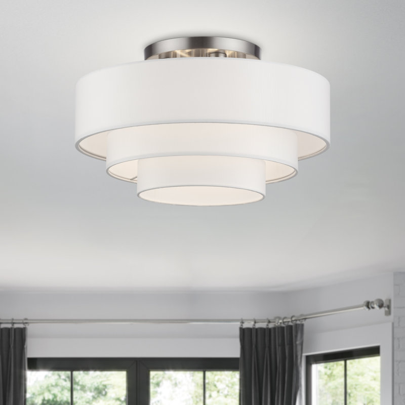 Très grand semi-encastré 4 lumières bronze avec abat-jour en tissu blanc cassé fabriqué à la main, Nickel brossé