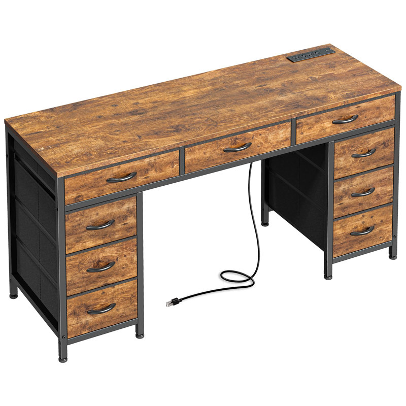 Bureau de 54 pouces avec prises, Brun rustique / brun rustique