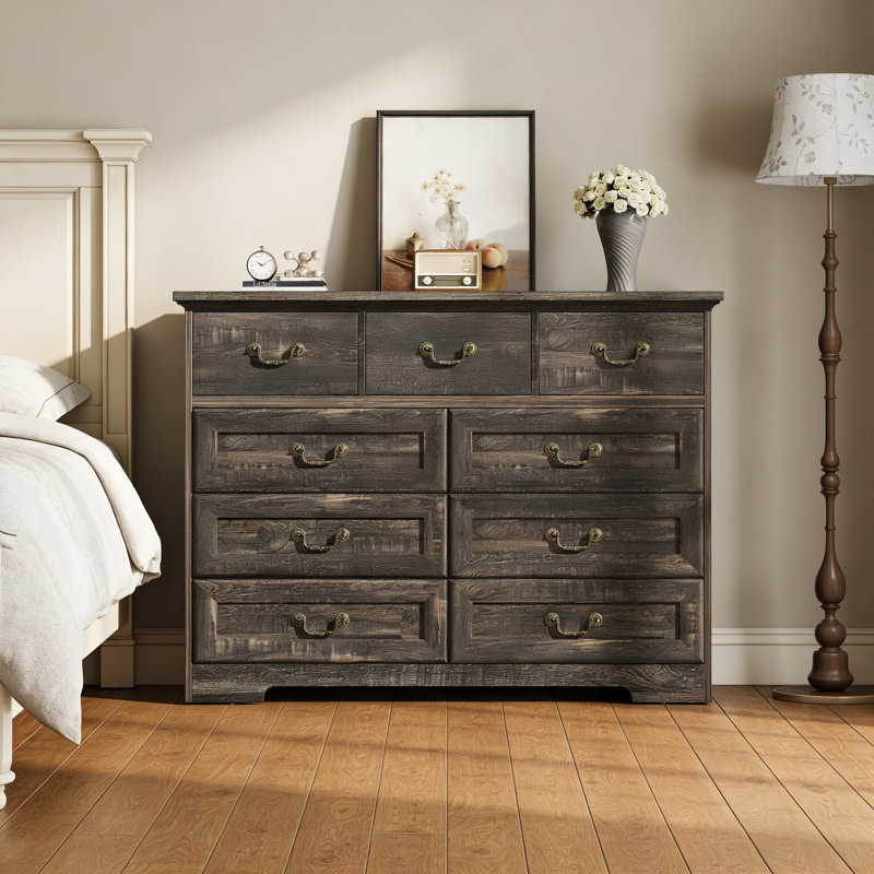 47 in Wide Dressers with 9-Drawer and Floral Handles for Bedroom, Black