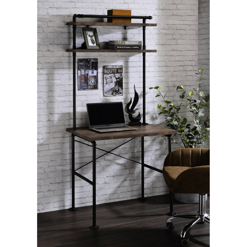Bureau d'écriture de style rustique avec 2 tablettes et 2 conduites d'eau en chêne noir