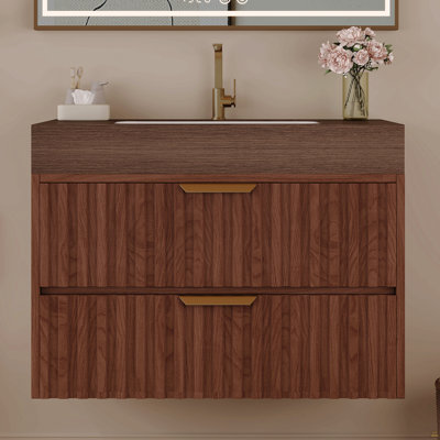 Meuble-lavabo flottant moderne de 30 po avec plateau en pierre frittée sans soudure et lavabo en céramique - 2 tiroirs à fermeture en douceur, fixation murale