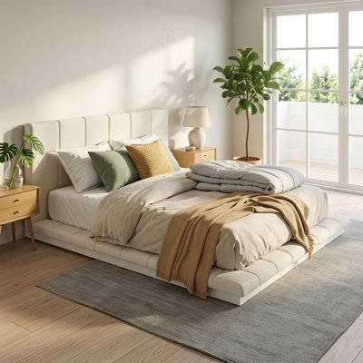 Queen Size Square Tufted Upholstered Platform Bed Frame, Low Profile Metal Slat Base, Padded Headboard & Anti-Collision Surround, No Box Spring Needed, Off-White