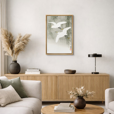 Japanese Minimalist Crane Birds Artwork, Elegant Oriental Bird Illustration Pictures, Framed Canvas Giclee Print Wall Art