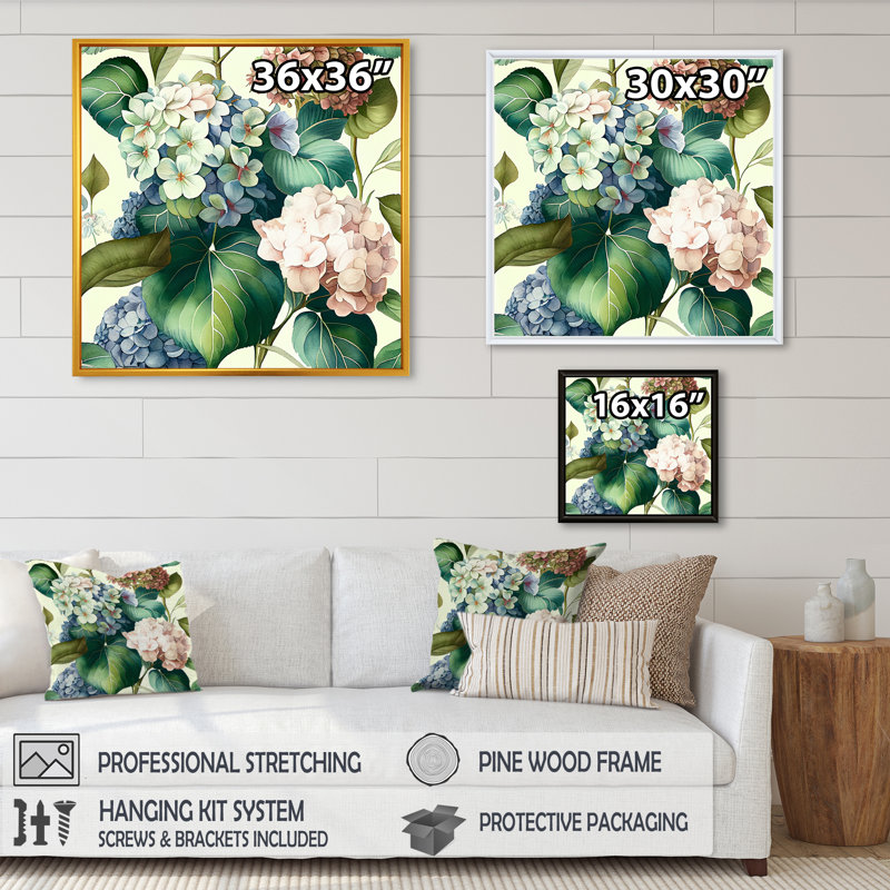 «Retro Hydrangena III», reproduction sur toile, H 16 po x l 16 po x P 1 po, Toile avec cadre flottant noir