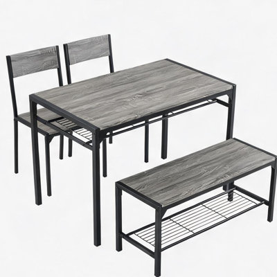 Ensemble de table et de banc de salle à manger, en bois massif gris, assorti à la cuisine et comprenant 2 chaises. Détails en bois massif.