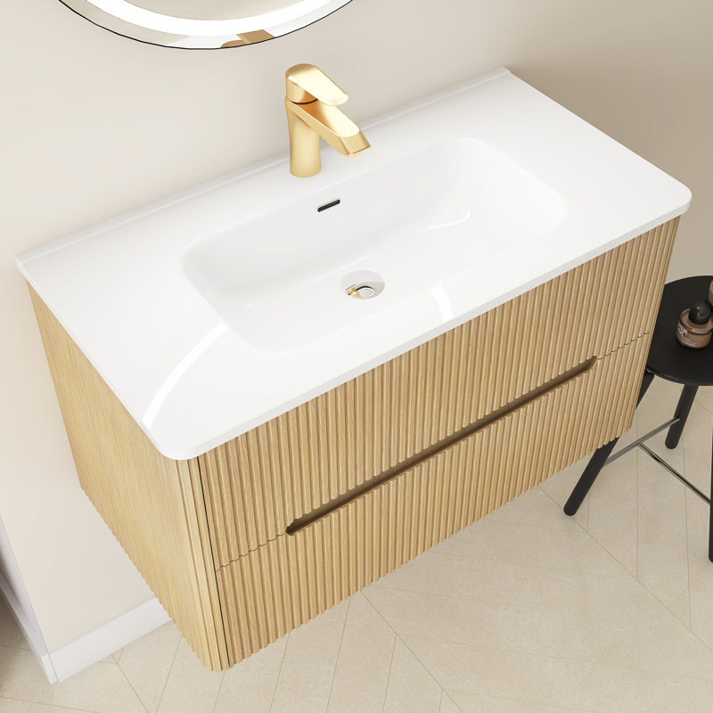 36 po X P 18 po P 20 po Meuble-lavabo mural simple H avec comptoir en céramique blanche, Chêne clair