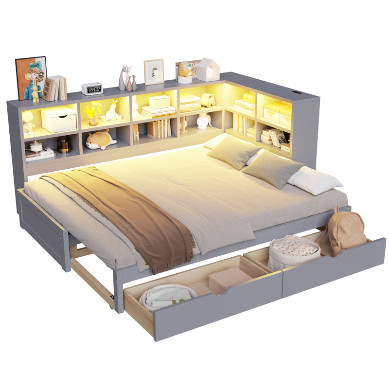 Twin XL to King Size Daybed with Two Storage Drawers, Storage Cabinets LED Light and USB Ports, Gray, Gray