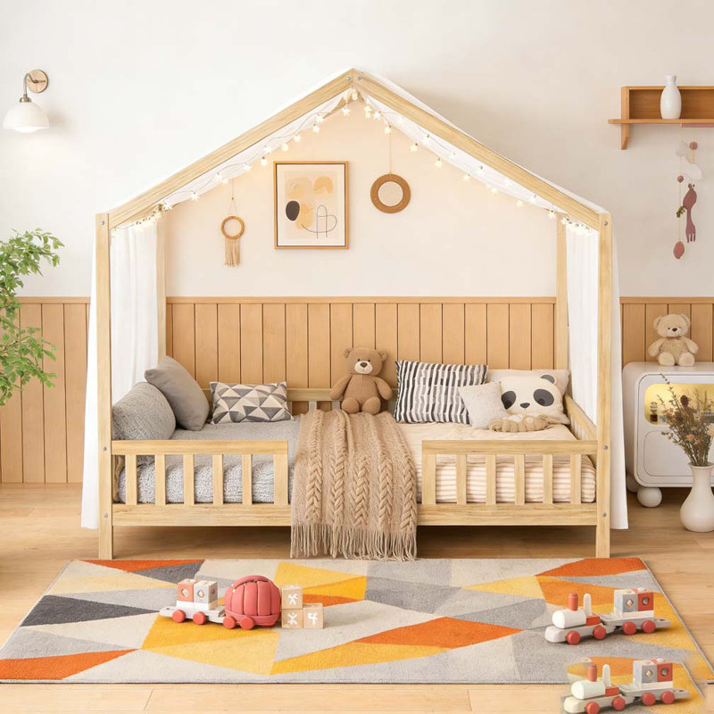 Lit sur pied avec auvent, base de lit simple, Naturel, Lit simple