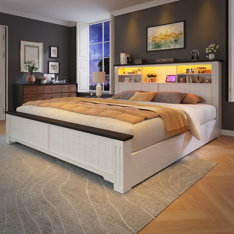 Farmhouse Storage Bed Frame With Headboard & Led Light & Usb, 4 Drawers Under Bed, Built In Charging Station, No Noise, No Box Spring Needed