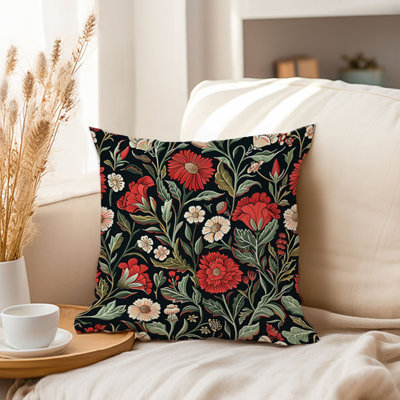 Floral William Morris Red Flowers & Botanical Plants II Pillow Cover
