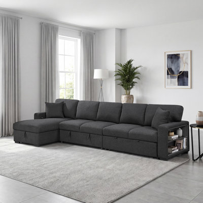 Meserve 144.5" Modern & Contemporary Boucle Sectional Sofa with Pull-out Sleeper, USB Charging Ports & Dual Hidden Storage