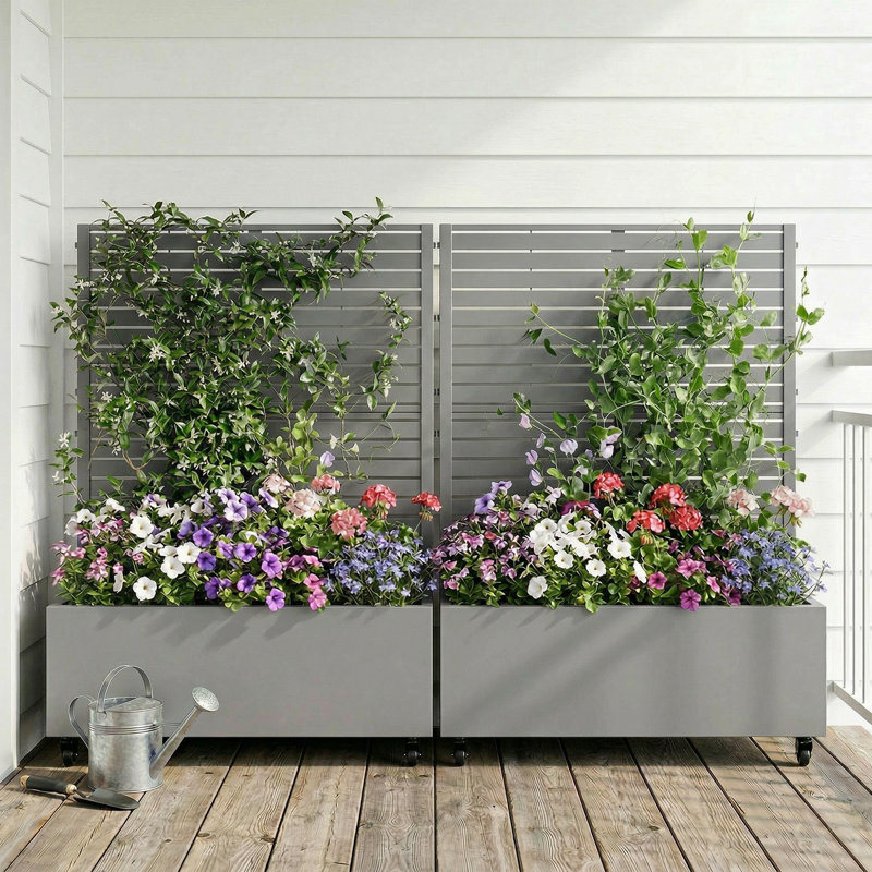 4 ft. H x 4 ft. W Metal Planter Box privacy screen Garden Bed with Trellis and Wheels - Gray, Gray
