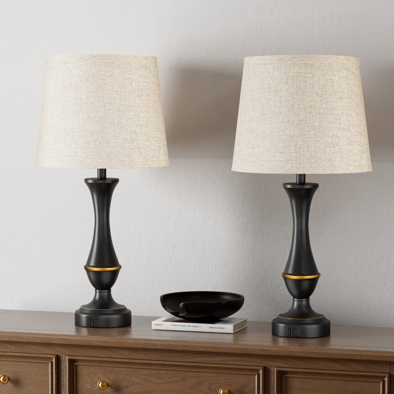 Ensemble de lampes de table 22 po en métal noir avec contrôle tactile à 3 voies et USB A&C, Noir / Beige