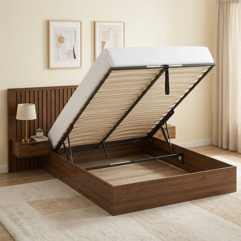 Lit plateforme moderne Queen en bois avec rangement relevable, tables de chevet intégrées et tête de lit à rainures verticales, noyer antique