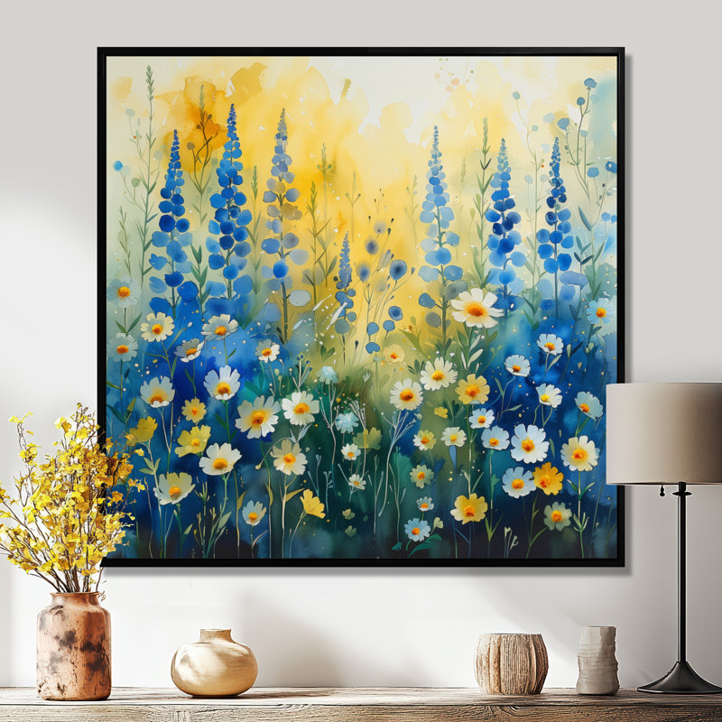 Décoration murale marguerite jaune et bleu jardin de rêves S II, Toile avec cadre flottant noir, H 16 po x l 16 po x P 1 po