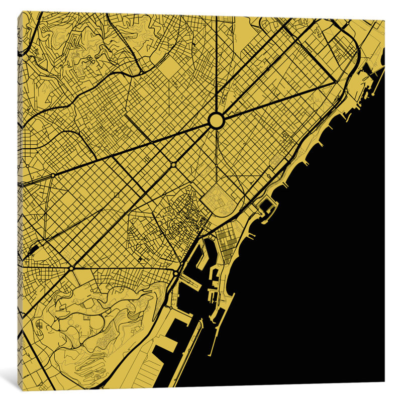 « barcelone », impression sur toile tendue, H 18 po x l 18 po x P 1,5 po, Toile avec cadre noir, Pas de tapis