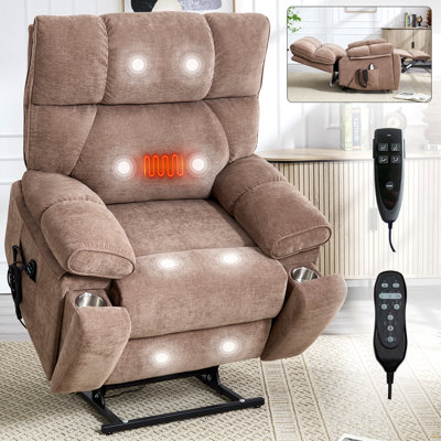 Brown Heat Massage Dual Motor Infinite Position Up To 350 LBS Large Electric Power Lift Recliners With Hidden Cup Holders, Power-Remote, Medium-Firm And Heavy Duty