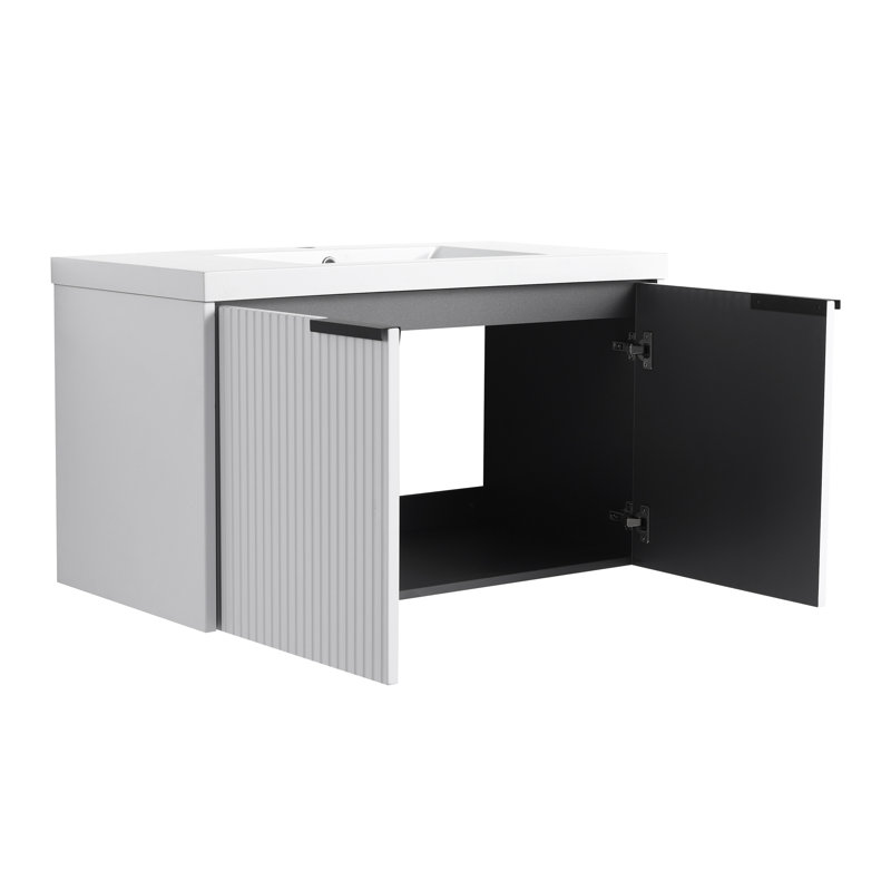 Meuble-lavabo flottant moderne 36 po avec portes ondulées et lavabo en résine, Blanc