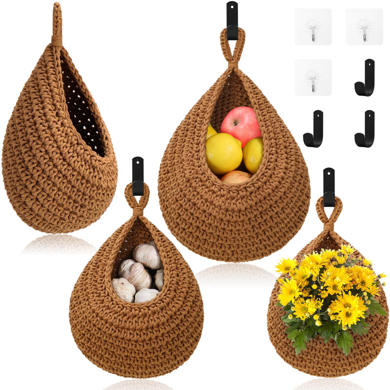 Hanging Fruit Baskets For Kitchen,3 Pack Boho Wall Hanging Basket With 6 Pcs Strong Hooks, Linen