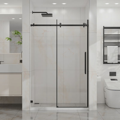 Goodyo 48" W X 72" H Sliding Shower Door, Frameless Sleek Glass Shower Door, 1/4" (6Mm) Thick Tempered Clear Glass With Easy-Clean Coating, Stainless Steel Hardware, Matte Black