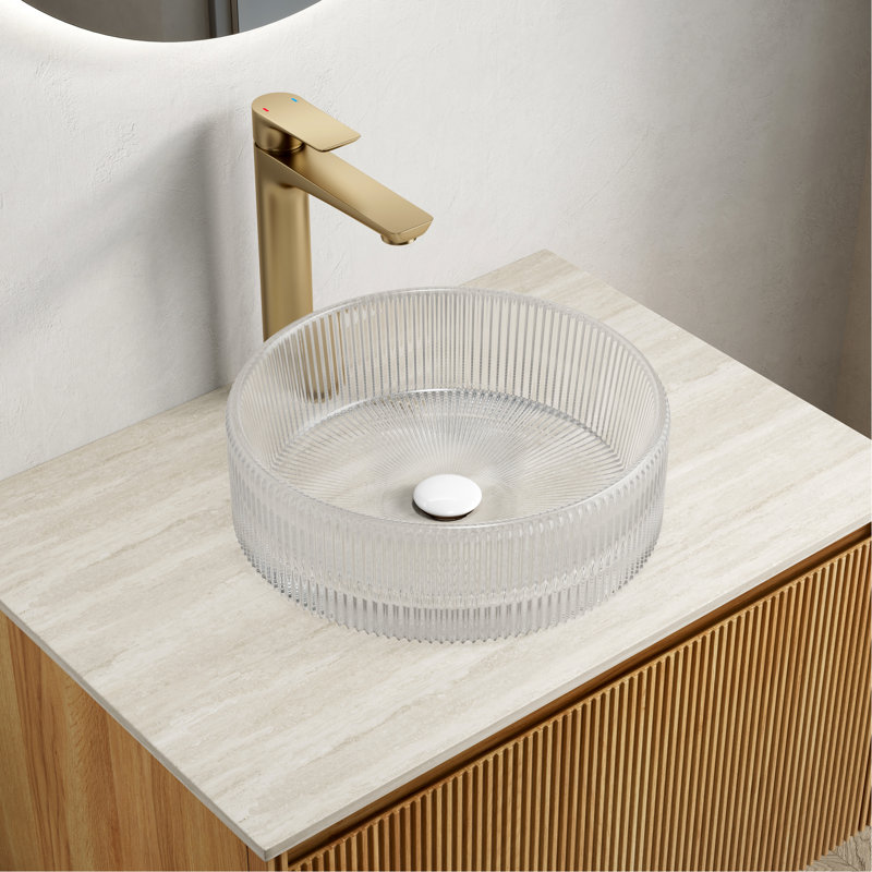 14 - Inch Round Transparent Crystal Glass Bathroom Sink, Artistic Striped Design, Suitable For Cabinets, Clean Appearance, Easy To Maintain Daily, 14.27*4.56 Size, Recommended Stopper 14.27 Sink