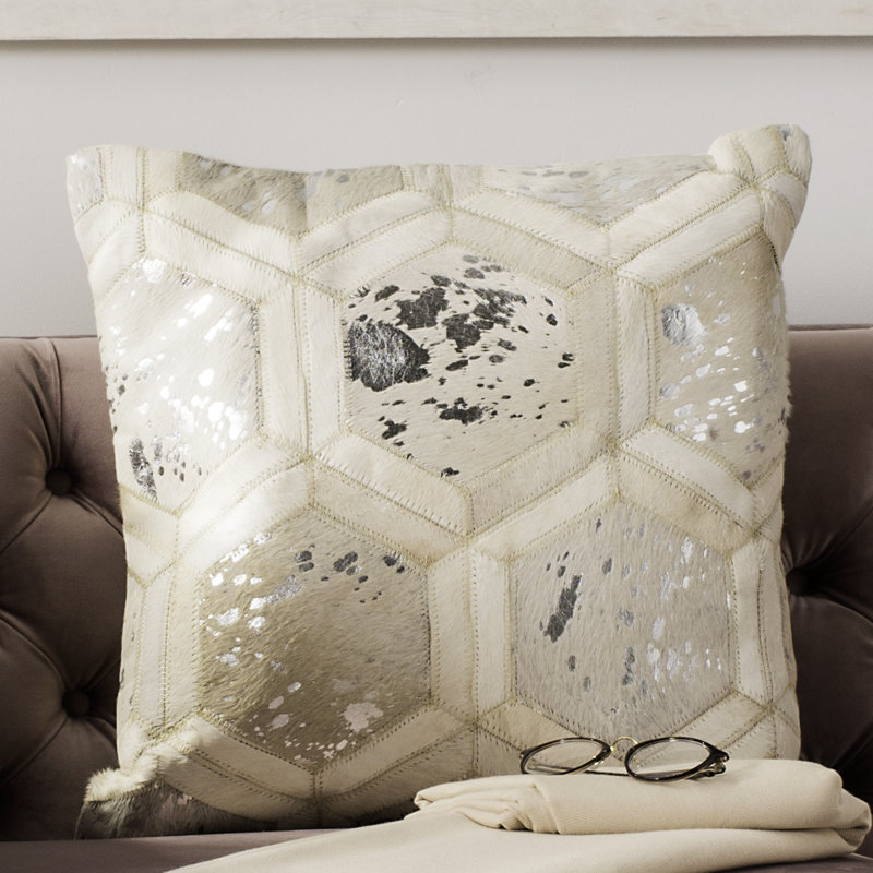Hexagon Silver and White Cowhide Throw Pillow