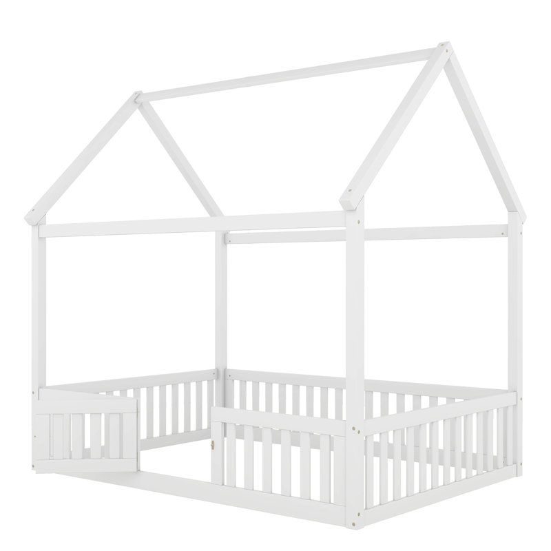 Wood House Bed With Fence And Door, Full, White