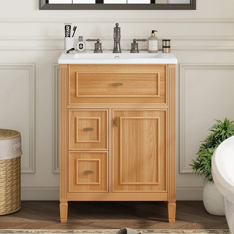 Meuble-lavabo 24 po avec lavabo, meuble-lavabo avec un tiroir rabattable et deux tiroirs, tablette réglable, Bois