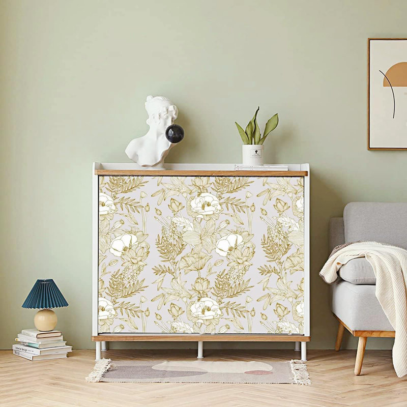 Papier peint adhésif Lotus Lily, Doré métallique / gris