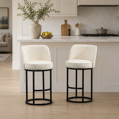 Ensemble de 2 tabourets de bar à hauteur de comptoir, conception de baril moderne avec dossier, tissu en lin rembourré pour le confort et le style des îlots de cuisine