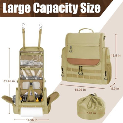 Large Camp Kitchen Organizer with Paper Towel Holder, Khaki | Hanging Camping Storage Organizers with Metal Hook, Camping Utensil Backpack for BBQ Essentials, With a Bag for Picnic Pot