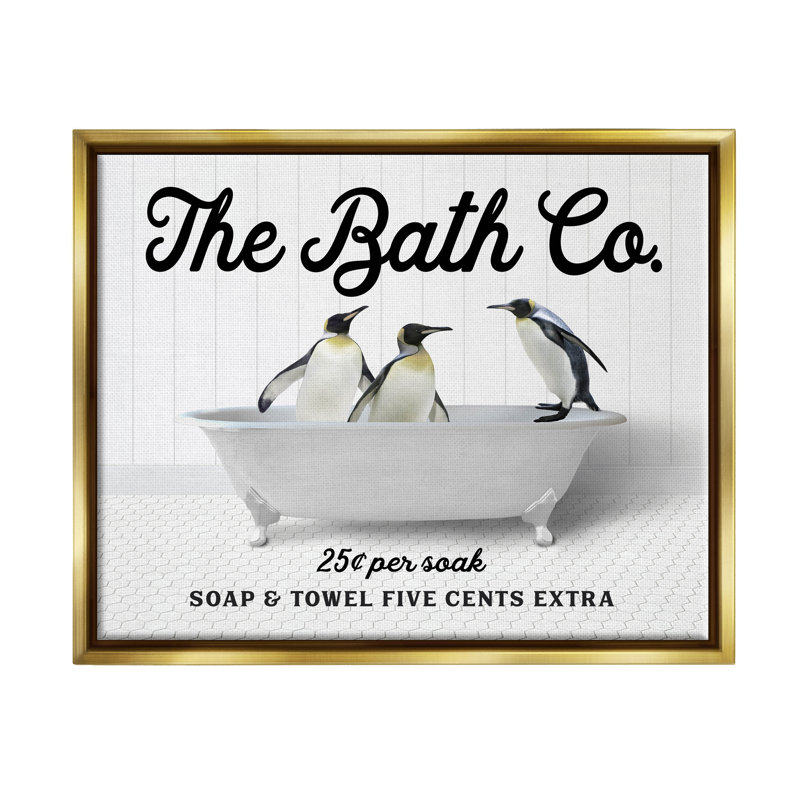 " Vintage Bath Ad Penguins ", Metallic Gold Floater Frame, 17" H x 21" W x 1.7" D