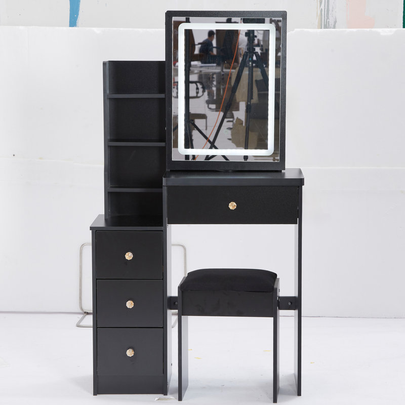 Small Space Vanity Table With Sliding Led Mirror, Brightness And Color Adjustable, Cushioned Stool, , Black Left Bedside Cabinet Adjustable Black, For Decor