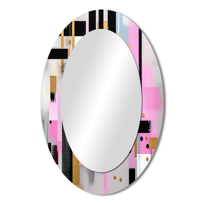 Pink Gold Bold Stripes - Abstract Oval Decorative Mirror On Metal, 36" x 24"