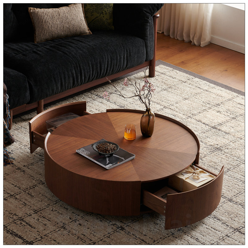 Table basse circulaire en placage de bois avec base en fer robuste, parfaite pour les salons, les chambres à coucher et les bureaux.