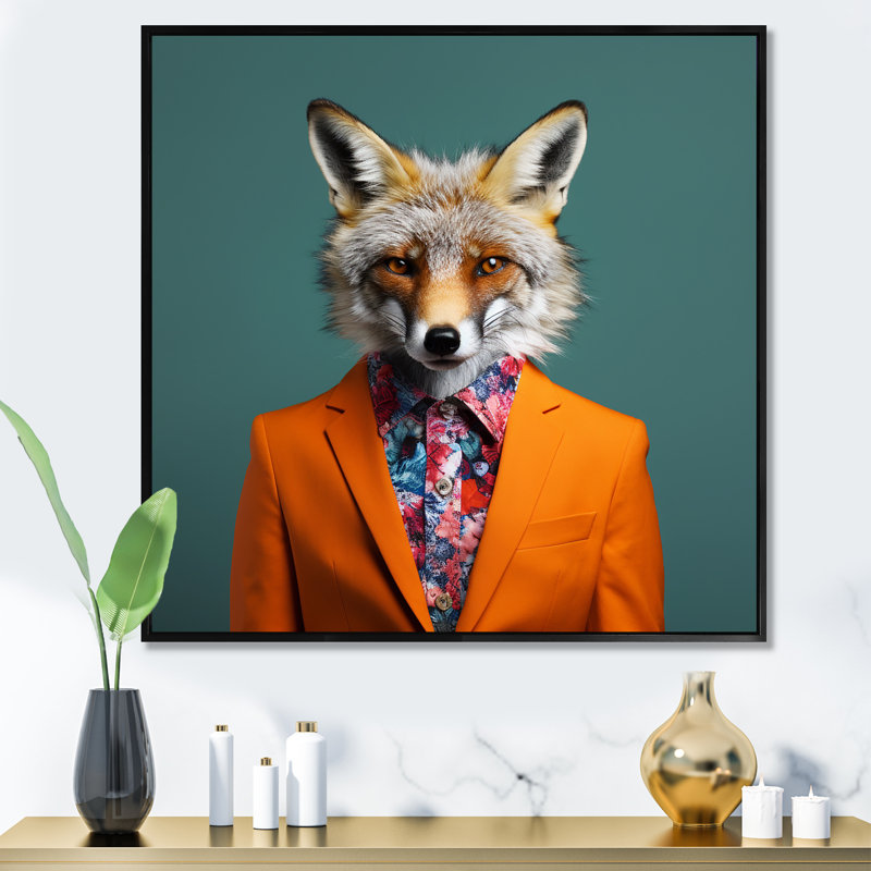 Orange et vert habillé de renard - art mural animal renard, Cadre flottant noir, H 36 po x l 36 po x P 1,5 po