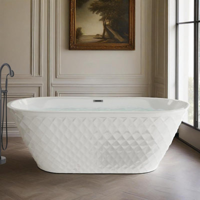 Baignoire autoportante en acrylique de 59 po avec motif à losanges unique, forme ovale spacieuse, finition blanc brillant, débordement de chrome et bonde escamotable