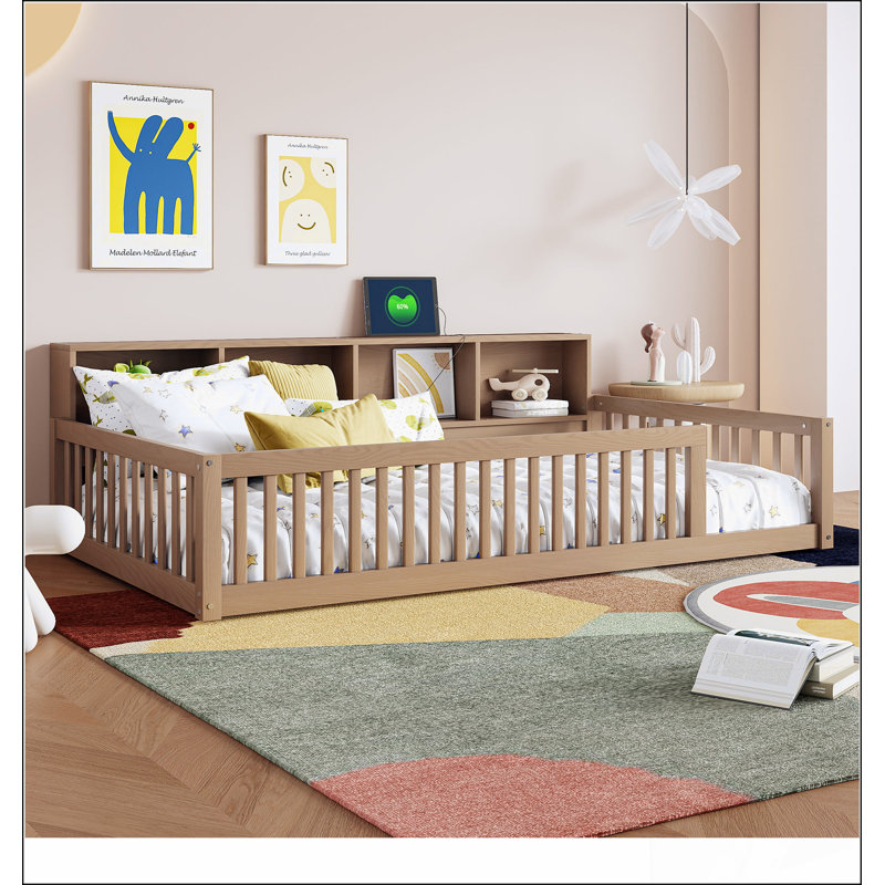 Lit simple en bois de taille très grand avec armoires de rangement spacieuses et ports USB pratiques, brun, Brun