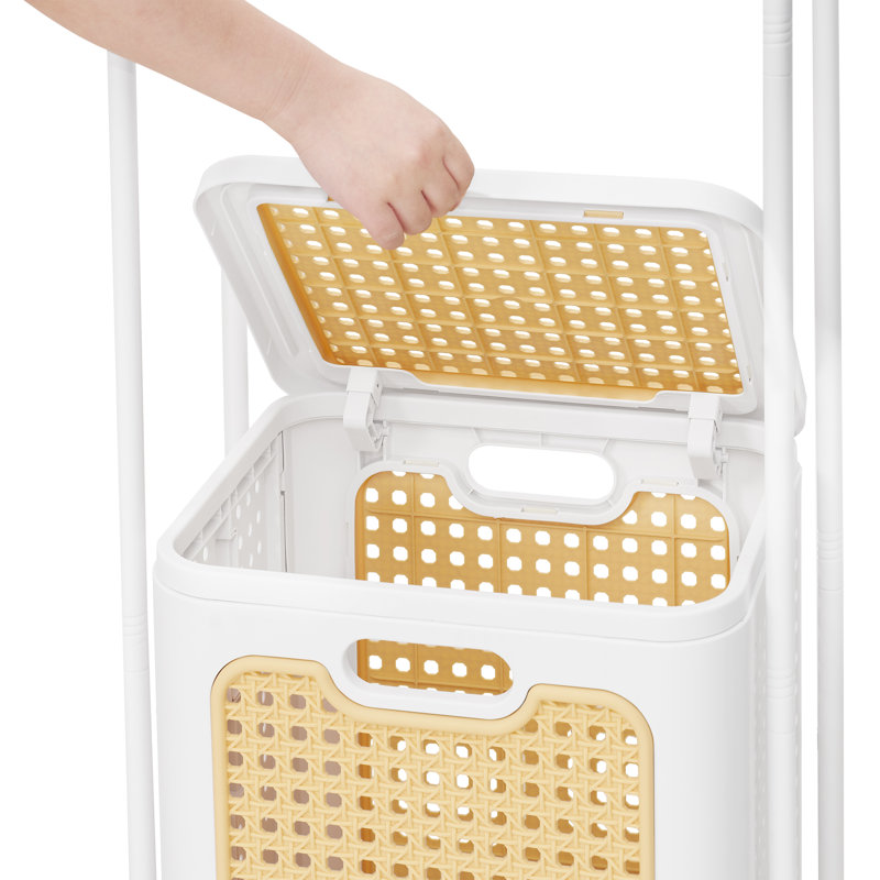 Rattan Style Laundry Hamper with Clothes Rack, Rolling Laundry Basket with Lid & 4 Wheels, Foldable Hamper Organizer with Locking Casters, Laundry Sorter for Bedroom, Bathroom, Closet