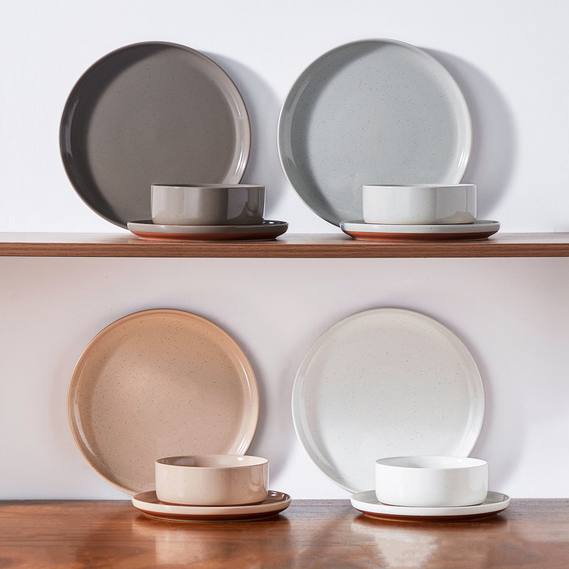12 Pcs Ceramic Dinnerware Set, Plate And Bowls With Non Slip Base, White Stoneware With Specks, Dinner Plates, Dessert Plates And Bowls For 4 Person, Vertical Edge