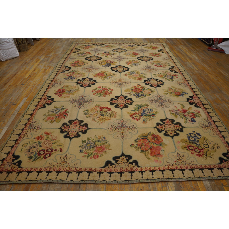 Antique Needlepoint Room Size Wool Ivory Rug