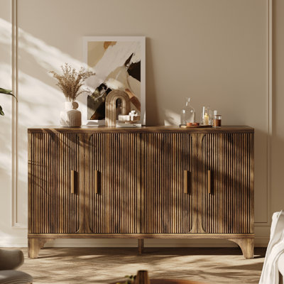 55 Inches Mid Century Modern Buffet Cabinet With Storage, Accent Sideboard And Credenza With Fluted Doors, Wood Coffee Bar Console For Kitchen, Living Room, Dark Brown