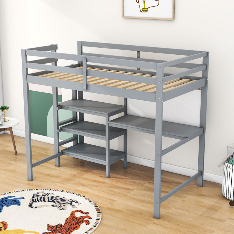 Orwell Twin Size Wooden Loft Bed with Shelves And Desk, Gray