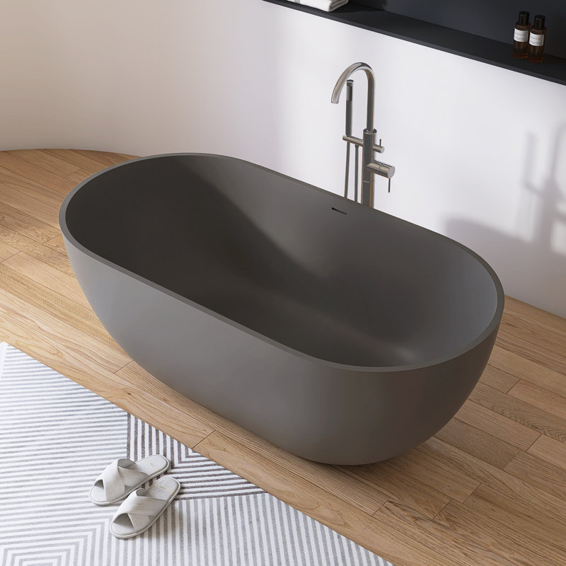 59" x 30" Freestanding Bathtub Solid  Surface Stone Resin Soaking Tub, Gray