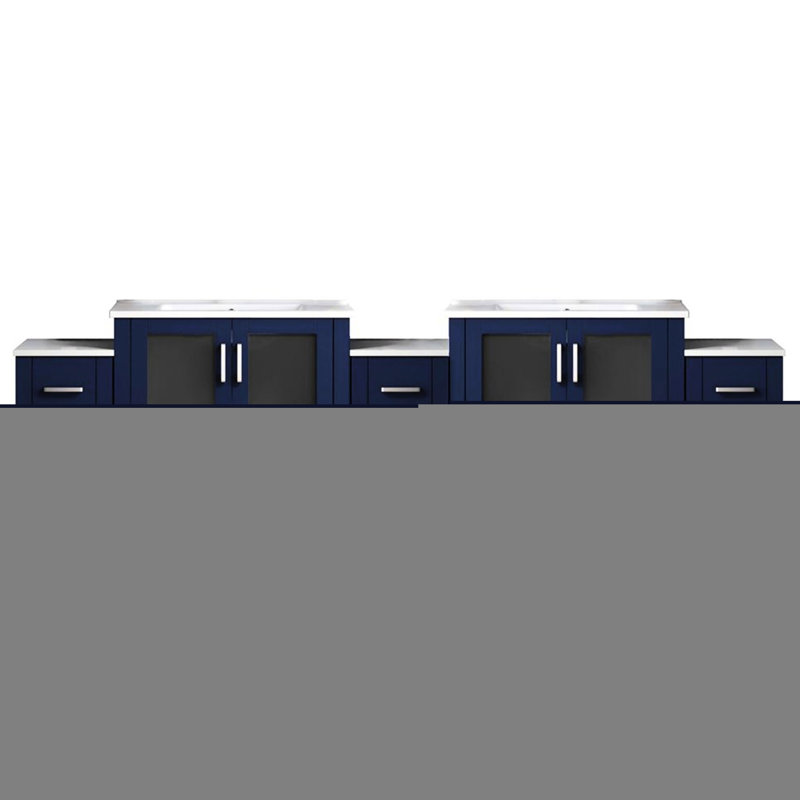 Meuble-lavabo double bleu marine 108 po Largeur, profondeur de 18,25 po, armoires latérales, plateau en céramique blanche, structure en bois massif, fermeture en douceur et surface de teinture, espace de rangement spacieux avec système de fermeture, égratignure,