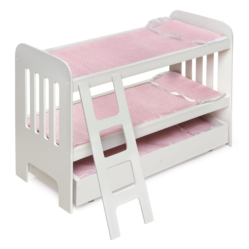 White and Pink Wooden Doll Bunk Bed with Ladder and Trundle