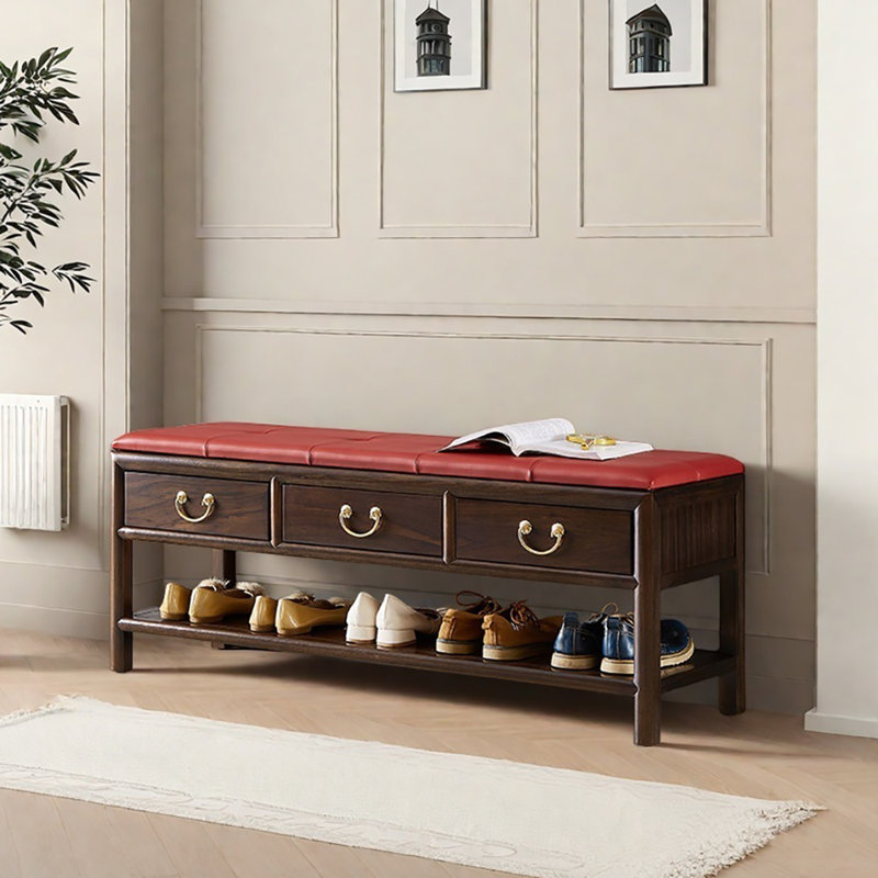 Banc de rangement pour chaussures de style rétro 47,2 po, Rouge / noyer foncé