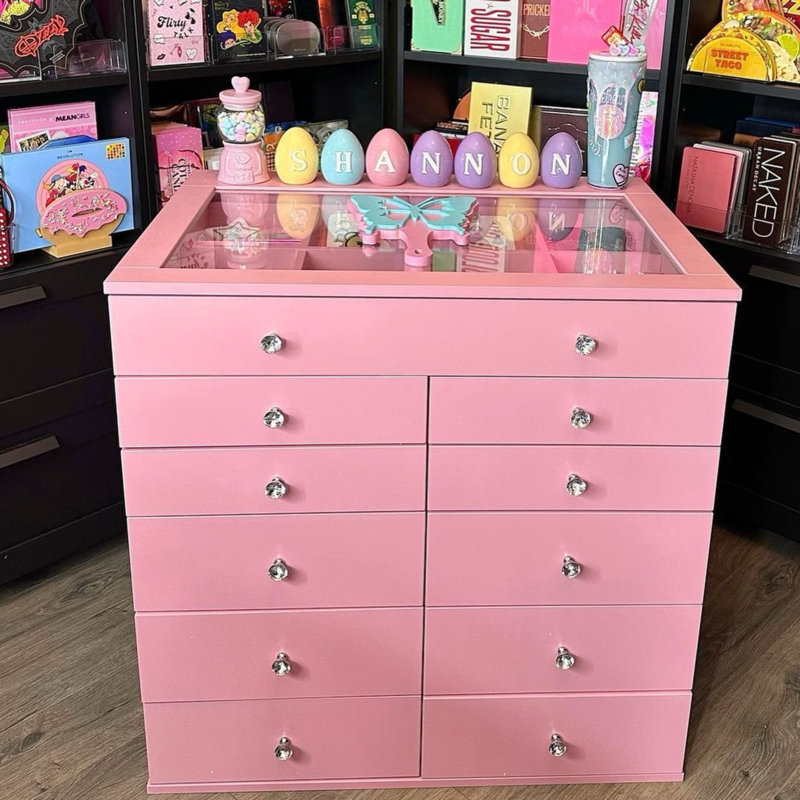 SlayStation Display Chest with 11 Makeup Drawer Unit, Craft Storage Organization for Bedroom, Pink