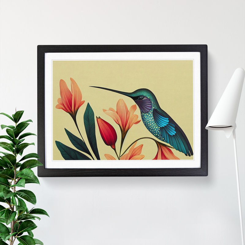 Otherworldly Floral Hummingbird - Single Picture Frame Print, 46cm H x 64cm W x 2cm D, Black