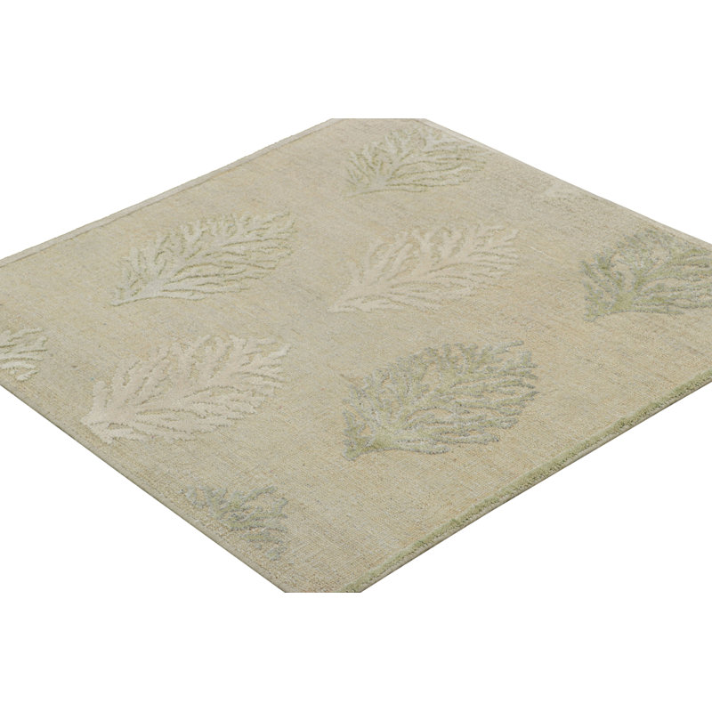 Rug & Kilim’S Block Print Square Rug With Beige And Green Floral Patterns, Rectangle 10' x 14'